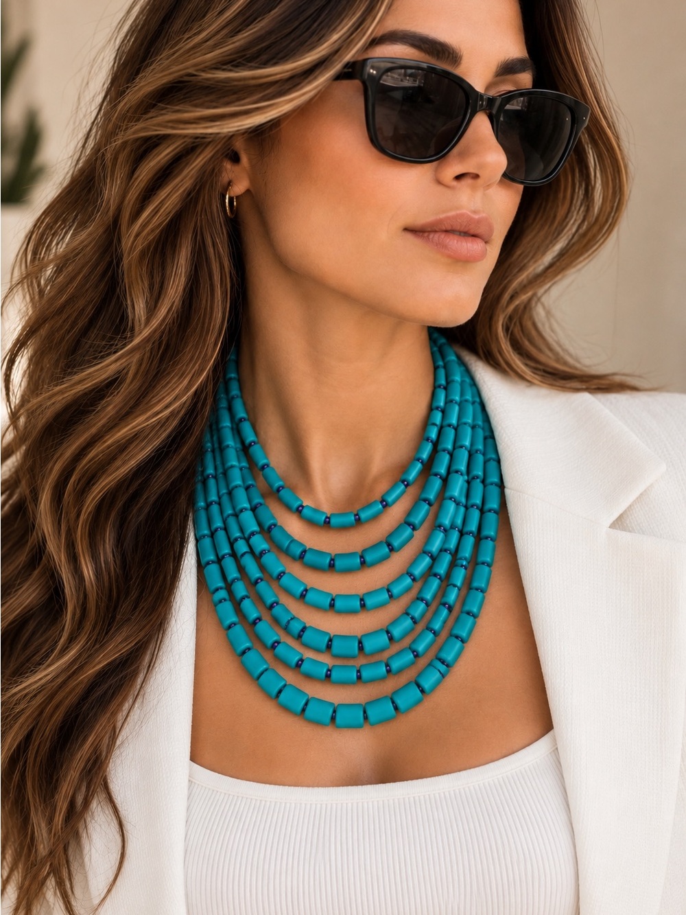 ZENZII Turquoise Blue Six Strand Beaded Statement Necklace Boho Chic